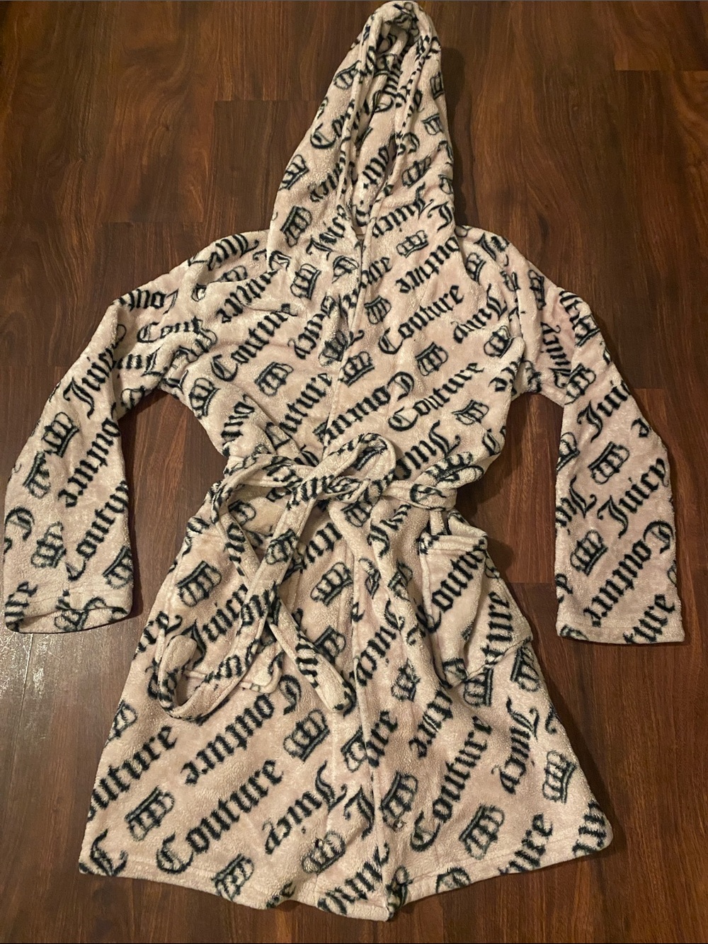 Juicy Couture Cream Hooded Plush Robe with Black Logo Print